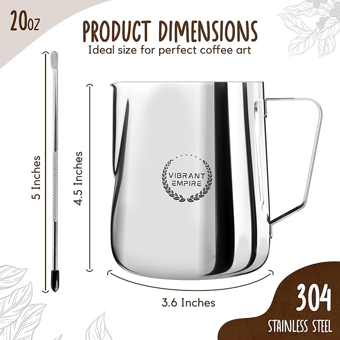 Milk Frothing Pitcher, 20OZ (600ml)– Stainless-Steel Milk Frother Cup with Latte Art Pen– Measurement on Both Sides– Rust-Resistant Frothing Pitcher for Milk, Cappuccino 20OZ (600ml)