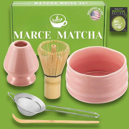 Matcha Whisk Set- Matcha Set includes Matcha Bowl, Sifter, Holder and Scoop- The Perfect Bamboo Whisk for Matcha Tea (Pink)