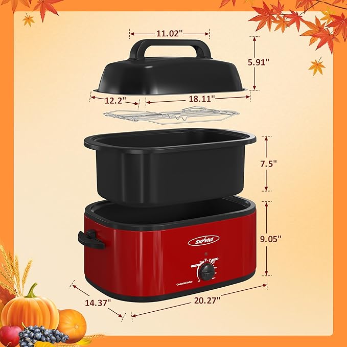 Sunvivi Electric Roaster Oven, 24 Quart with Glass Lid, Turkey Roaster, Self-Basting Lid, Removable Pan, Cool-Touch Handles, Red