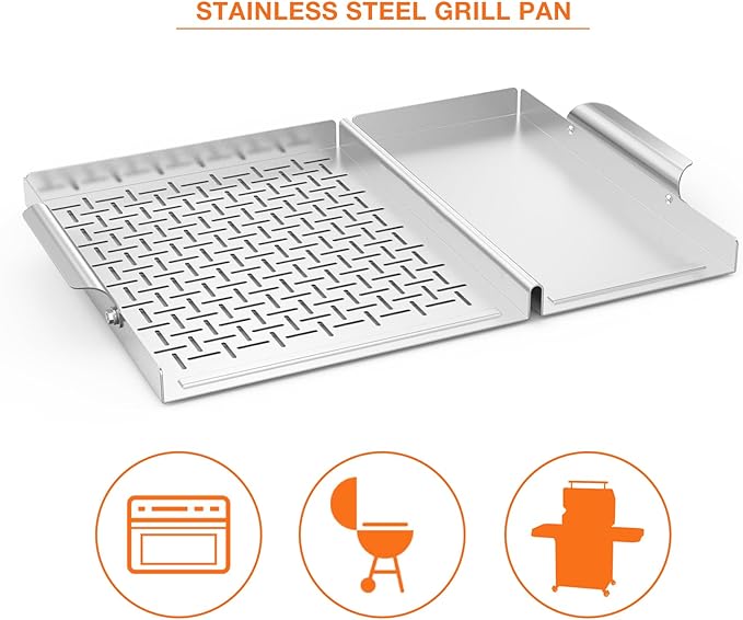 Onlyfire BBQ Grill Tray, Stainless Steel Grill Topper Grill Pan with Holes and Handle for Grilling Veggies, Meat & Seafood, Outdoor Flat Top Grilling Basket for Any Grills