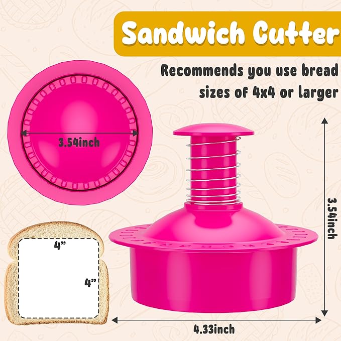 Sandwich Cutter and Sealer Round Cut and Seal Sandwich Maker, Crustless Peanut Butter & Jelly Sandwich Cookie Cutter-Pink Round