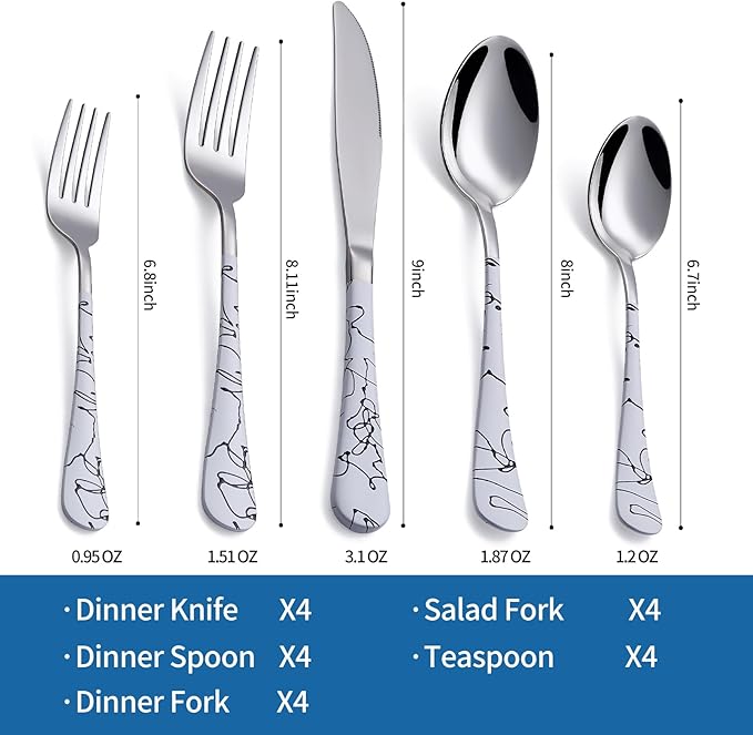 20-Piece Silverware Set with Stainless Steel Flatware - White Marbling Handle Cutlery - Dinner Knives, Forks, Spoons - Dishwasher Safe