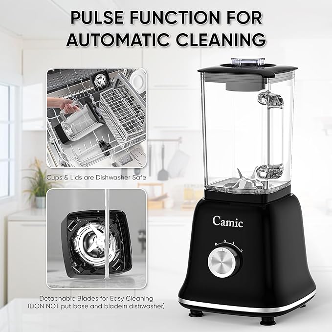 Camic 750W Professional Blender,6-Cup Glass Jar Blender for Smoothies and Shakes with 6 Sharp Stainless Steel Blades,Ice Crush Function,for Juice,Puree, Soup(Black)