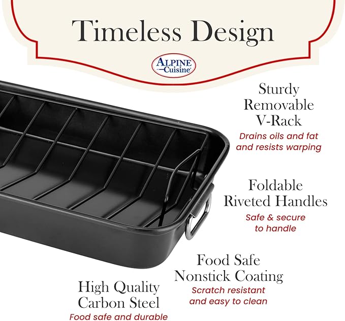 Alpine Cuisine Turkey Roaster Pan with Rack 16-Inch - Nonstick Coating Carbon Steel Pan - Black & Heavy Duty Roasting Pan - Easy to Clean, Multipurpose Use - Durable & Dishwasher Safe
