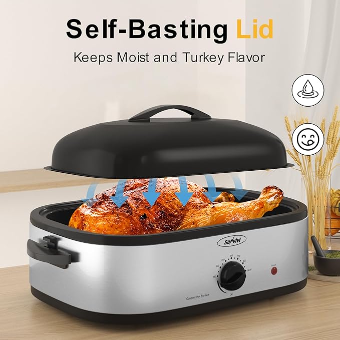 Sunvivi 14-Quart Electric Roaster Oven with Self-Basting Lid, Turkey Roaster Oven with Rack, Stainless Steel, Silver
