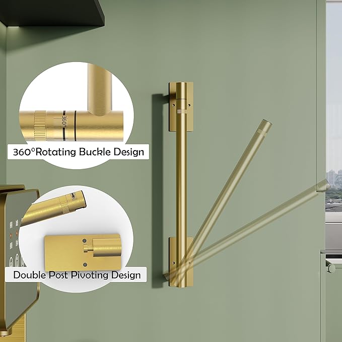 Ruacq Brushed Gold Paper Towel Holder Double Post Pivoting Square Base Under Cabinet Paper Towel Holder for Kitchen Self-Adhesive or Drill mounting