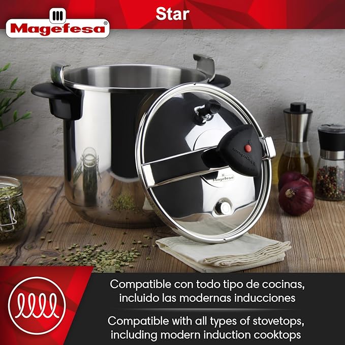 MAGEFESA Star 14.8-Quart Stainless Steel Pressure Cooker, Works on All Stovetops (Induction Compatible), Safety Lock & 8 PSI Cooking