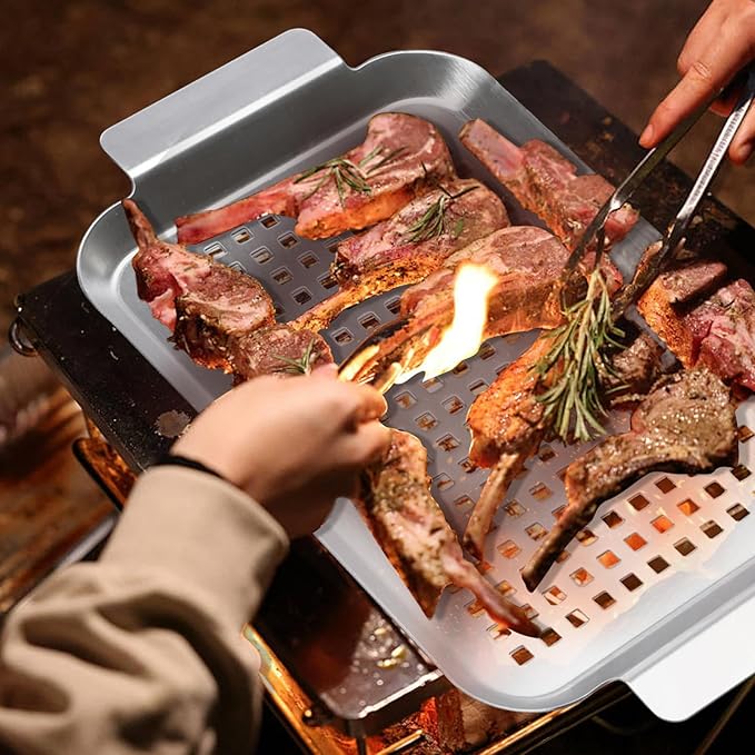 Grill Pan Set of 2, BBQ Grill Topper for Outdoor Grill, Stainless Steel Grilling Baskets with Holes and Handles, Perforated Food Tray Barbecue Accessories for Vegetable, Fish, Middle x 2