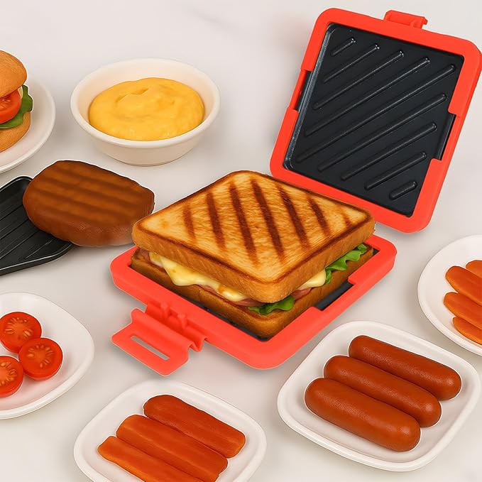 Microwave Sandwich Maker - Microwave Toastie Sandwich Maker，3-in-1 Toastie Panini Press with Dishwasher Safe Design No Electricity Needed Fast Cooking for Travel Friendly/Office/Home(Red)