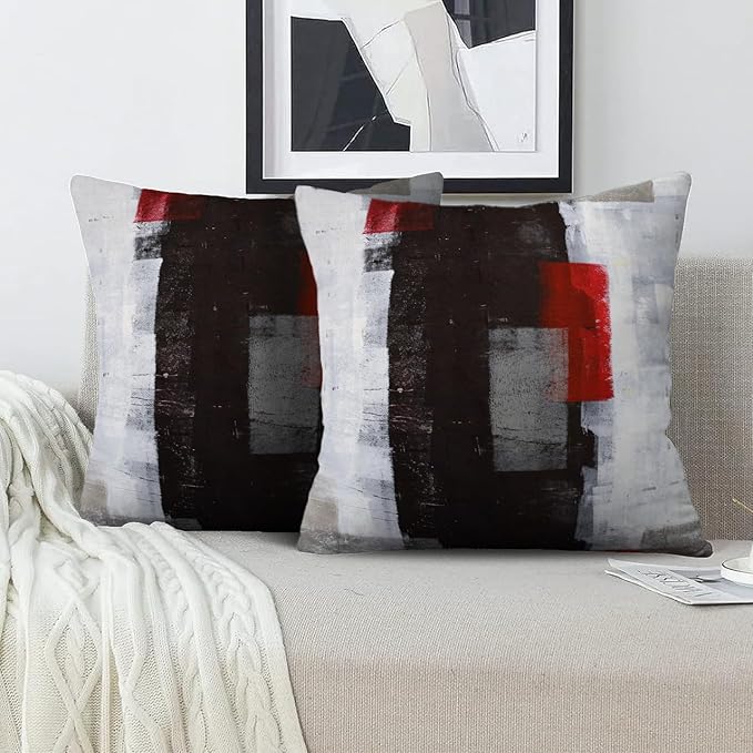 Red and Grey Pillow Cover, Modern Black White Decorative Throw Pillow Cushion Cover for Bedroom Sofa Living Room 24 x 24 Inch Set of 2