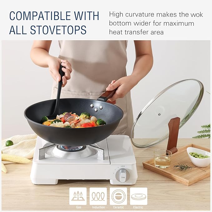 Nonstick Wok with Lid, 13 Inch Woks & Stir Fry Pans Nonstick, Carbon Steel Wok for Cooking, Pre-Seasoned Flat Bottom Chinese Wok for Induction, Electric, Gas Stoves