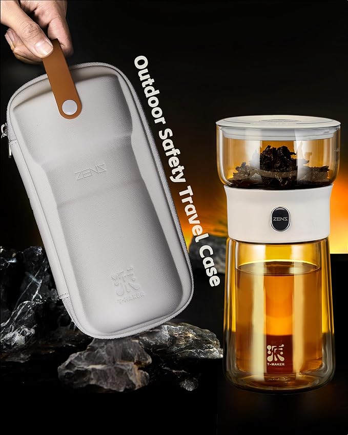 ZENS Modern Tea Pot, Glass Teapot with Infusers for Loose Tea Diffusers with One Touch Pouring, Cool Portable Tea Maker with Insulated Tea Mug and Travel Tea Kits for Tea Lover Gifts