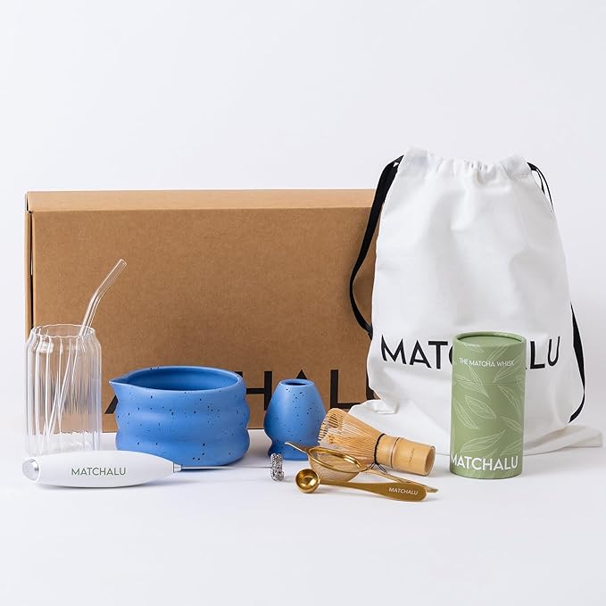 Matcha Whisk Set With Ceramic Matcha Bowl, Bamboo Whisk & Holder, Stainless Steel Spoon & Sifter, Glass Cup & Straw, Electric Frother, Storage Bag - Gift for Matcha Lovers (Premium 9-Piece Set Blue)