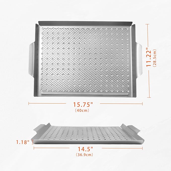 Vegetable Grill Basket, Nonstick Grill Topper for Outdoor Grilling, BBQ Grill Pan with Handles for Vegetable, Fish, Meat, Seafood (15x11IN)