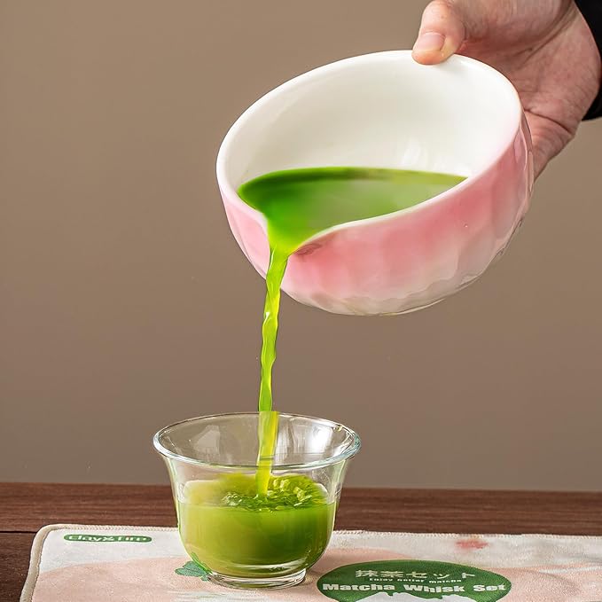 Clay&Fire Matcha Whisk Set，9 Pcs Ceramic Matcha Set, 15 OZ Matcha Bowl with Spout and Whisk，Matcha Kit for Friend, Ideal Gift for Matcha Lover（Gradient Pink）