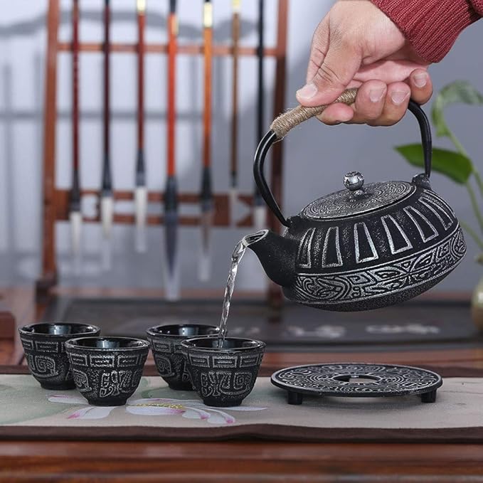 Cast Iron Teapot Set Japanese Style Tea Kettle with Infuser, Enameled Interior Cast Iron Tea Pot with 4 Teacup for Stove Top, Handmade Gift for Friend (28 Ounce, Black)