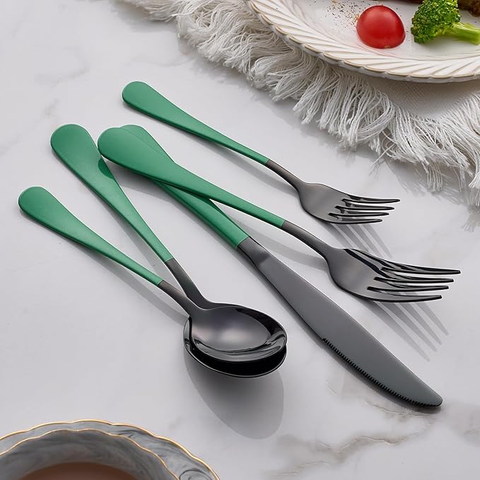 20-Piece Green Silverware Set - 18/0 Stainless Steel, Black Silverware Set With Green Handles - Dinner Knives, Forks, Spoons - Dishwasher Safe