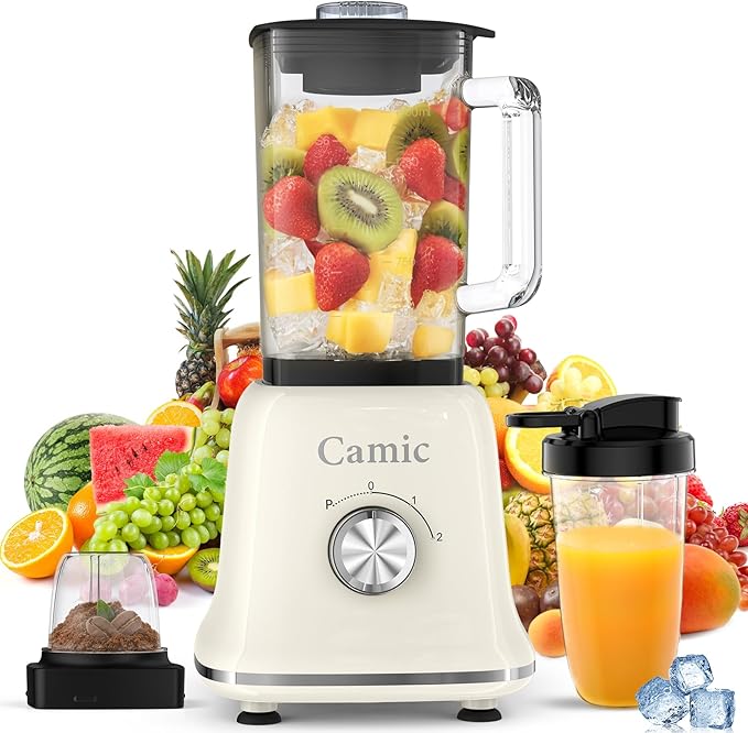 Camic 750W Professional Blender,6-Cup Glass Jar Blender for Smoothies and Shakes with 6 Sharp Stainless Steel Blades,Ice Crush Function,for Juice,Puree, Soup(White)