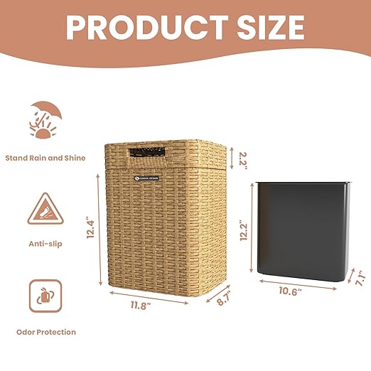 Ypati Rattan Trash Can with Lid, Wicker Bathroom Garbage Bin with Removeable Liner, 4 Gallon Small Waste Basket for Home, Outdoor Patio, Dorm, Office, Boho Decor, with Trash Bags, Yellow, Eureka