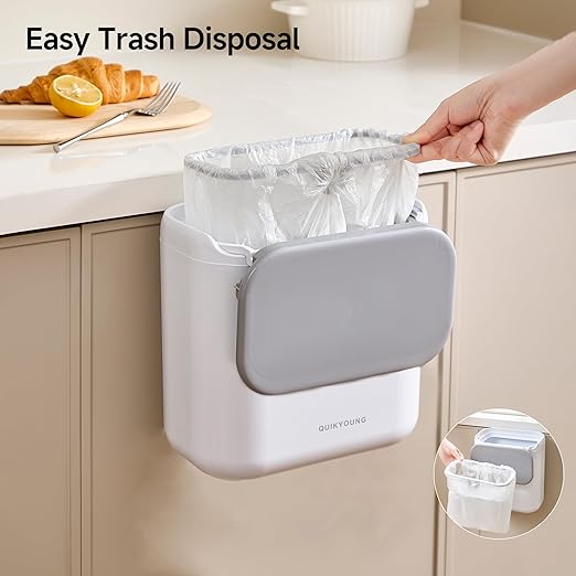 Small Trash Can with Lid, 1.8 Gallon Flip-Top Wall-Mounted Garbage Can, Slim Waste Basket & Compost Bin for Bathroom, Kitchen, Bedroom, Living Room, Office, Laundry - White (1.8 Gel)