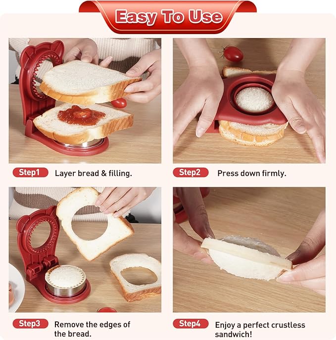 Leak-Proof & BPA-free Sandwich Cutter and Sealer for PB&J, Round Crustless Kitchen Tool, Kids Lunch Snacks Maker for Biscuit, Cookie-Dough, Red