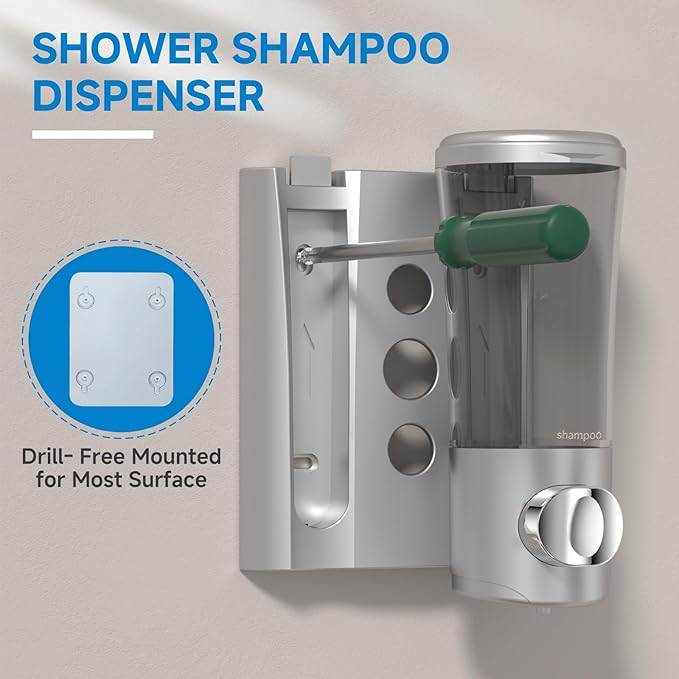 Shampoo and Conditioner Dispenser, Shower Soap Dispenser 2 Chamber No Drill Wall Mounted Shampoo Dispenser Shower Dispenser for Bathroom Hotel Large Capacity,Silver