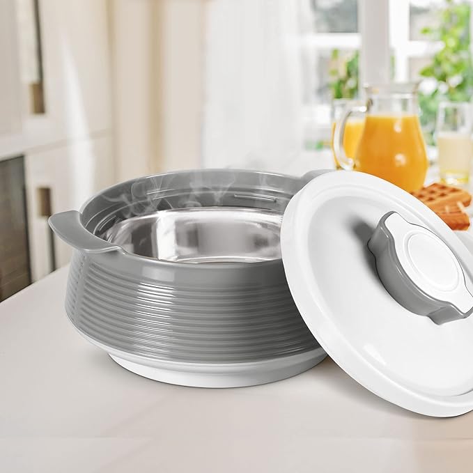 Milton Casserole for Hot Food, Double Walled Insulated Inner Stainless Steel Hot Pot with Lid, Serving box for Food and Roti, Serving Bowl, Set of 3 (Size 62, 45, 28 oz) Venice, Grey