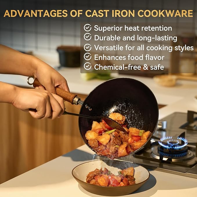 WANGYUANJI 10.2 Inch Cast Iron Wok with Lid, Flat Bottom Stir Fry wok with Wooden Handle, Non-Coated Small Skillet for Gas, Induction & Open Flame Cooking