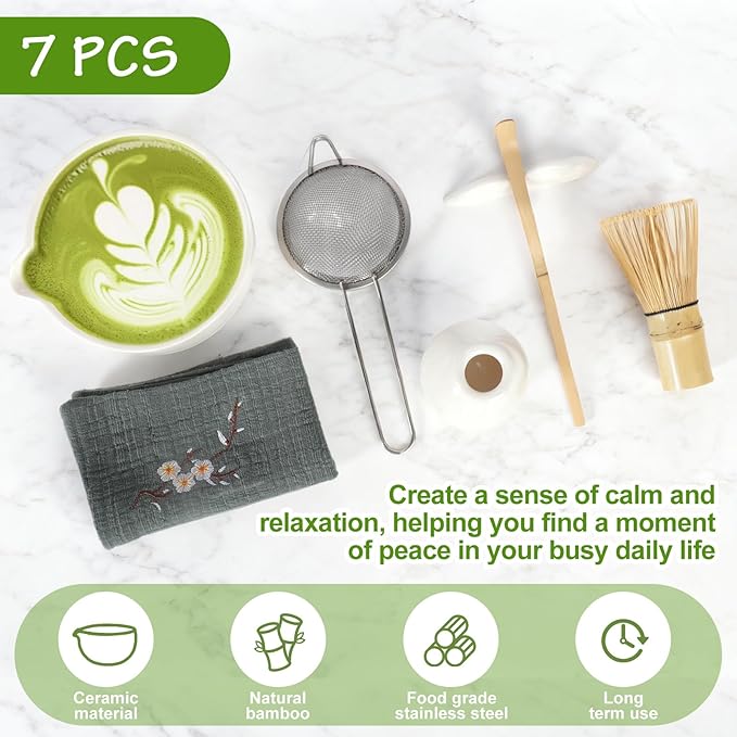 7Pcs Matcha Whisk Set,Ceramic Matcha Tea Set Includes Whisk Matcha Bowl Scoop and Whisk with Holder Sifter Towel,Elegant Matcha Kit Gift for Matcha Enthusiasts and Tea Lovers(White)