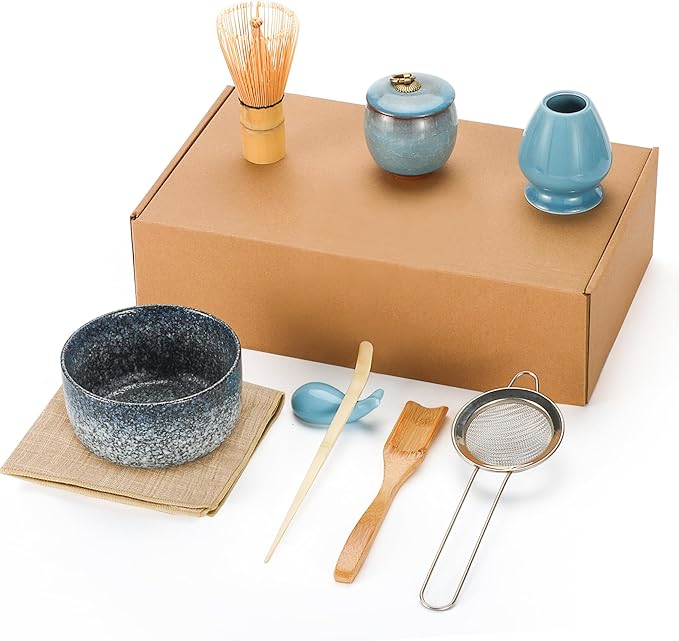 Matcha Tea Set 9 Pcs, Japanese Traditional Bowl, Bamboo Whisk (Chasen), Scoop (Chashaku), Spoon, Stainless Steel Sifter, Holder, Ceramic Powder Caddy