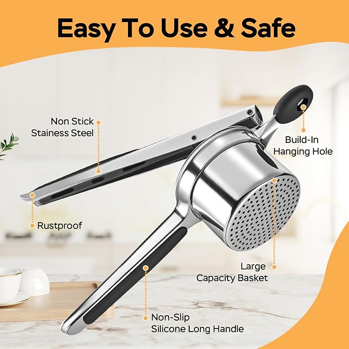 Potato Ricer and Masher Stainless Steel, Large 15 oz Heavy Duty Ricer for Mashed Potatoes, Potato Press Masher with Silicone Handle, Professional Kitchen Press Tool for Potatoes, Vegetables and Fruits