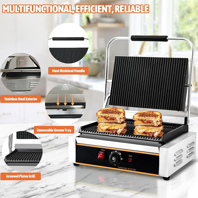 Commercial Panini Press Grill 2200W Countertop Electric Sandwich Maker with Adjustable Temp Control, Grooved Plates Grill, for Burgers Steaks Panini