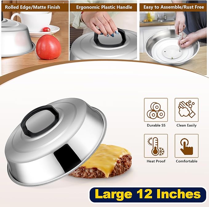 HaSteeL 12In Cheese Melting Dome & 5.5In Bacon Press, Stainless Steel Round Basting Cover, Smash Metal Burger Griddle Grill Press Weight for Teppanyaki Flat Top Iron Skillet Cooking, Dishwasher Safe