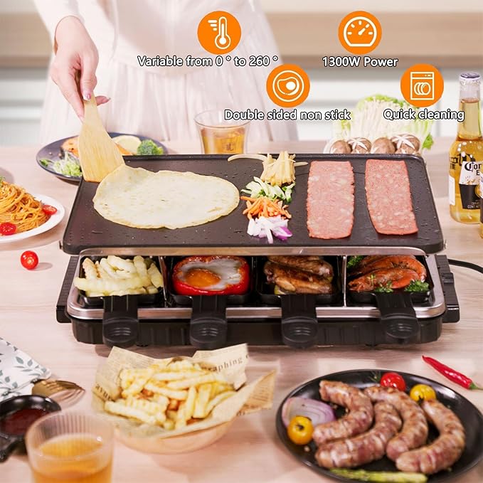 Korean BBQ Grill 2 in 1 Electric Griddle, Nonstick Electric Raclette Grill with 8 Raclette Pans, Adjustable Temperature 1300W,Reversible Smokeless for Indoor Family Party