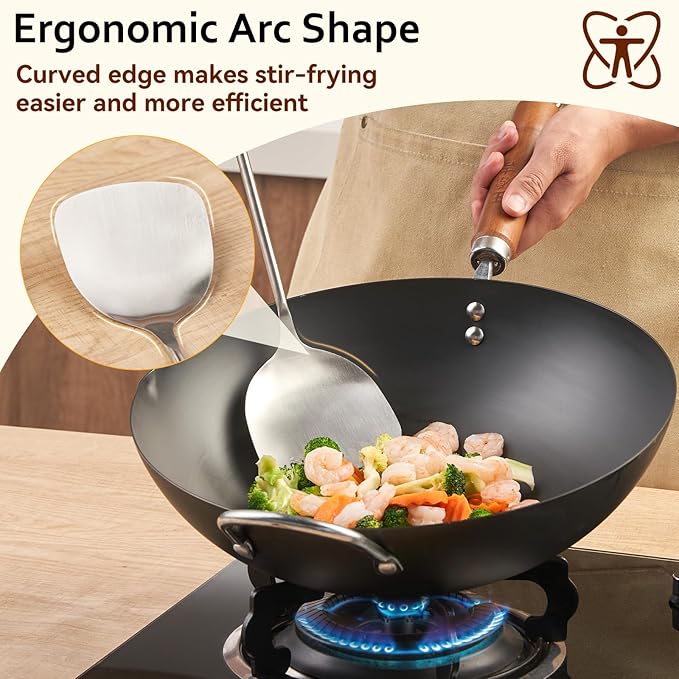 Stainless Steel Cooking Utensils Set, 4 PCS Kitchen Utensils Set with Wooden Handles, Heat Resistant Cooking Tools for Solid & Slotted Turner Wok Spatula, Soup Ladle, Slotted Spoon