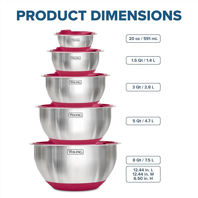 VIKING Mixing Bowls Set, 10 Piece Stainless Steel Kitchen Cookware, Non-Slip Silicone Base, Includes Tight Fit Lids, Dishwasher Safe, Red