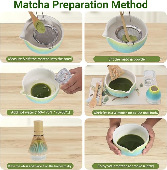 Matcha Whisk Set – 10 Pcs Matcha Set Whisk and Bowl – Ceremonial Matcha Kit, Matcha Starter Kit & Accessories – Glazed Aqua Ombre Japanese Matcha Set Gift for Tea Ceremony and Matcha Lovers