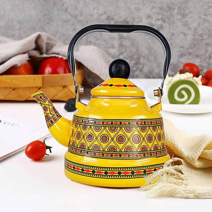 1.1L Arab style Vintage Tea Kettle,Enamel Tea Kettle with Handle,Enameled Teapot Stovetop,Hot Water Kettle for Home Kitchen Decor, No Whistling (Yellow)