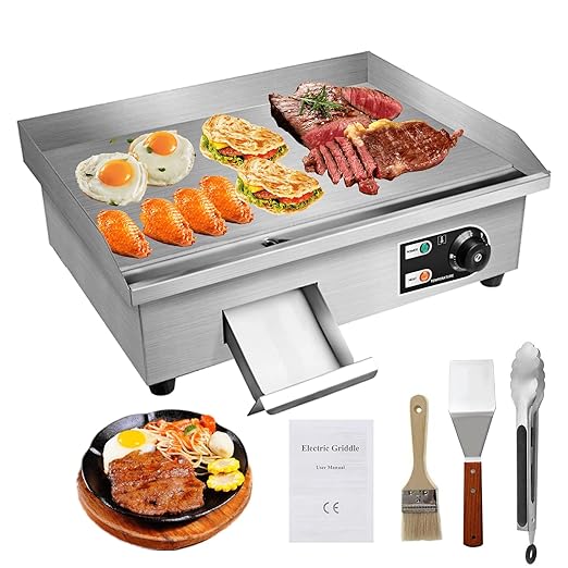 22" Electric Countertop Flat Top Griddle 1600W 110V Non-Stick Commercial Restaurant Teppanyaki Grill Stainless Steel Adjustable Temperature Control 50~300℃