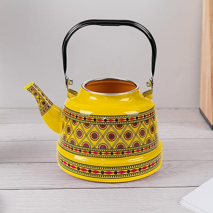 1.1L Arab style Vintage Tea Kettle,Enamel Tea Kettle with Handle,Enameled Teapot Stovetop,Hot Water Kettle for Home Kitchen Decor, No Whistling (Yellow)