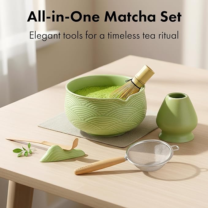 Matcha Kit Whisk Set (7 Pcs) - Complete Matcha Set, Matcha Bowl with Spout, Whisk with Holder, Bamboo Scoop with Rest and Sifter, Perfect Kit for Matcha Lovers (Green Mist)