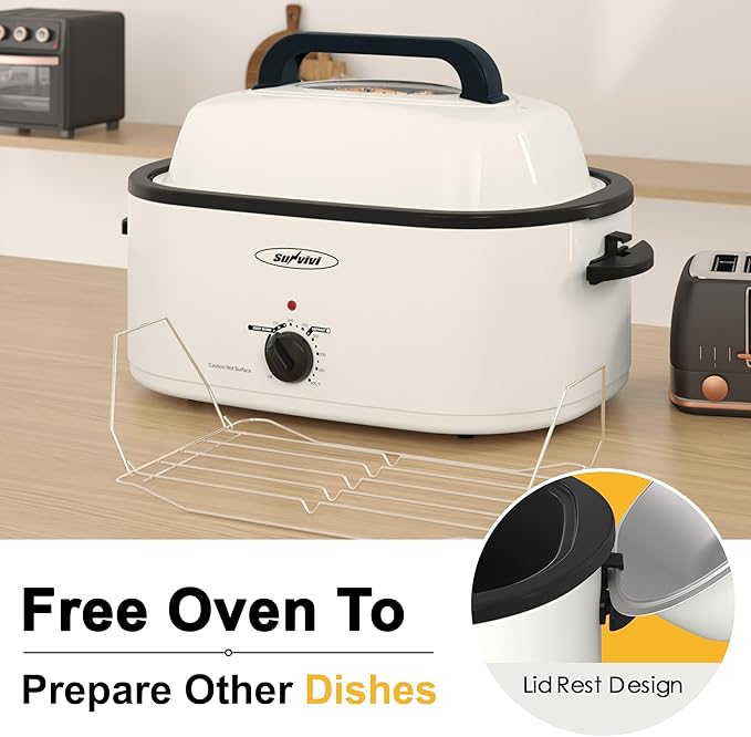 Roaster Oven, Electric Roaster Oven with Viewing Lid, Large Roaster with Removable Pan & Rack, Turkey Roaster with Unique Defrost/Warm Function, Stainless Steel, White, 24QT
