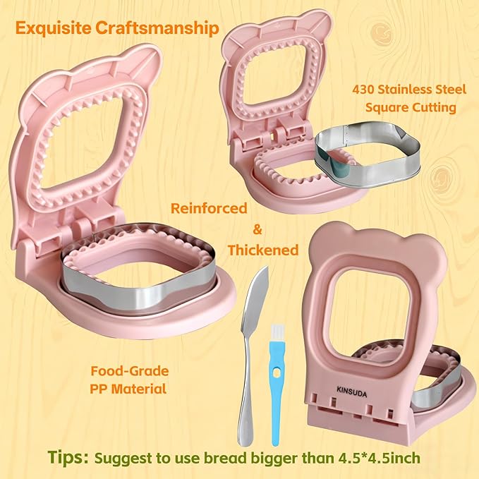 Sandwich Cutter and Sealer - 3.7" Circle & Square Pocket Sandwich Maker, Intuitive & Easy-to-Use for Boys &Girls, Perfect for Breakfast & Lunchboxes (Light Pink, Square)