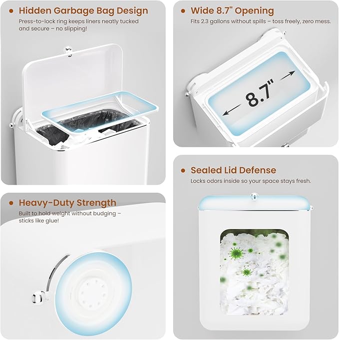 7-Piece White Bathroom Set with Suction Wall Trash Can - Space Saving Organizer Kit with Toilet Brush Holder, Liquid & Foam Soap Dispenser, Toothbrush Holder & Soap Dish for Bathroom Kitchen