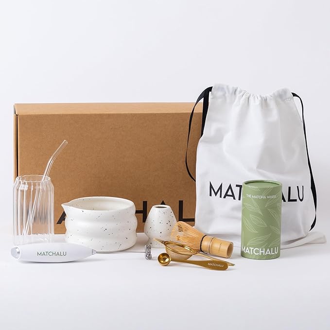 Matcha Whisk Set With Ceramic Matcha Bowl, Bamboo Whisk & Holder, Stainless Steel Spoon & Sifter, Glass Cup & Straw, Electric Frother, Storage Bag - Gift for Matcha Lovers (Premium 9-Piece Set White)