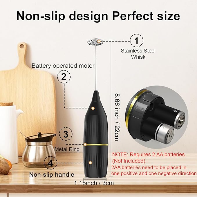 Mini Milk Frother Handheld, Coffee Mixer & Matcha Whisk | Compact, Easy to Clean & Multi-Use | for Lattes, Hot Chocolate, Eggs, Frappe | Kitchen Essentials Gift (Black)