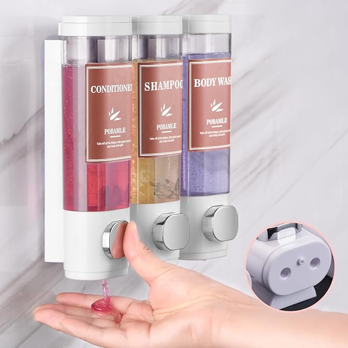 Shampoo and Conditioner Dispenser Wall Mounted Shower Soap Dispenser No Drill Shampoo Dispenser for Shower 3 Chamber Bathroom Body Wash Shower Gel Holder White