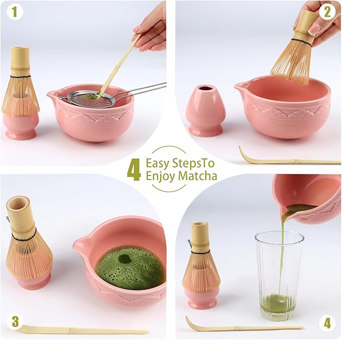 5Pcs Ceramic Matcha Set, Matcha Whisk Set, Tea Set Includes Matcha Bowl, Matcha Whisk and Holder, Sifter, Bamboo Tascoop (Pink)