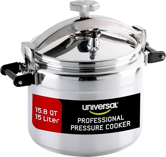 Universal (Large) 15.8-Quart Aluminum Pressure Cooker for Professional Use – Commercial-Grade, 1 Safety Valve, Reinforced Handles, Easy-Open Lid, – Ideal for Large Kitchens, and Restaurants