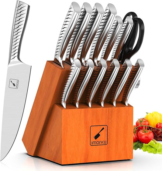 imarku® Knife Set,14-Piece Knife Sets for kitchen with block,Premium One-Piece Kitchen Knife Set with Sharpener,High Carbon Stainless Steel Knives Set for Kitchen,Silver,Dishwasher Safe